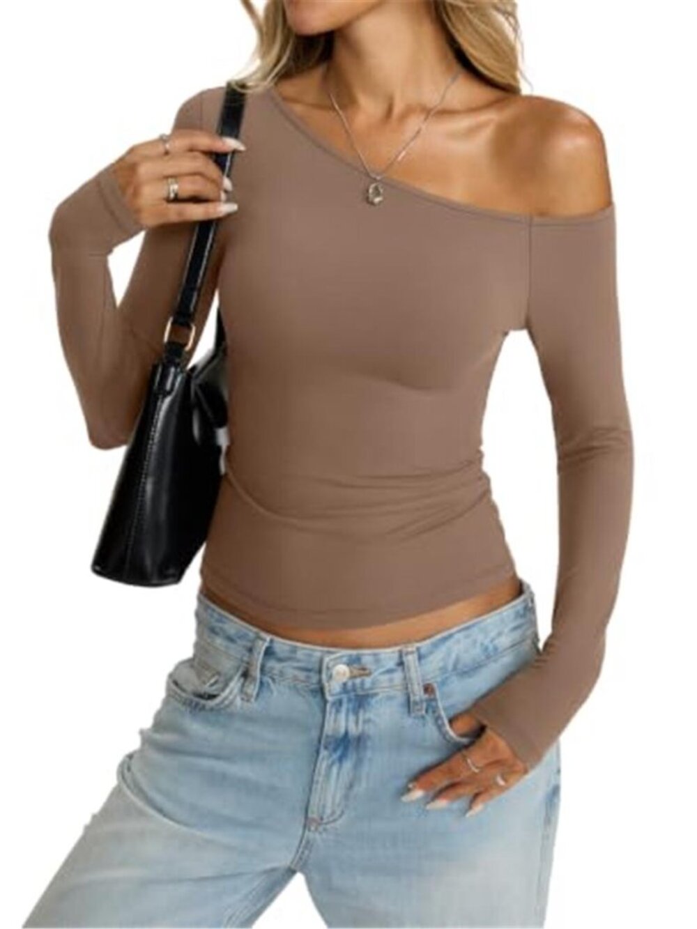 Women's Off Shoulder Fitted Top | Long Sleeve Fall Going Out Shirt - Picture 2 of 6